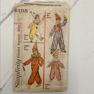 Vintage 1965 Simplicity #6198 Clown: Happy,Bobo,Bubbles,Jingles Pattern sz 4-6